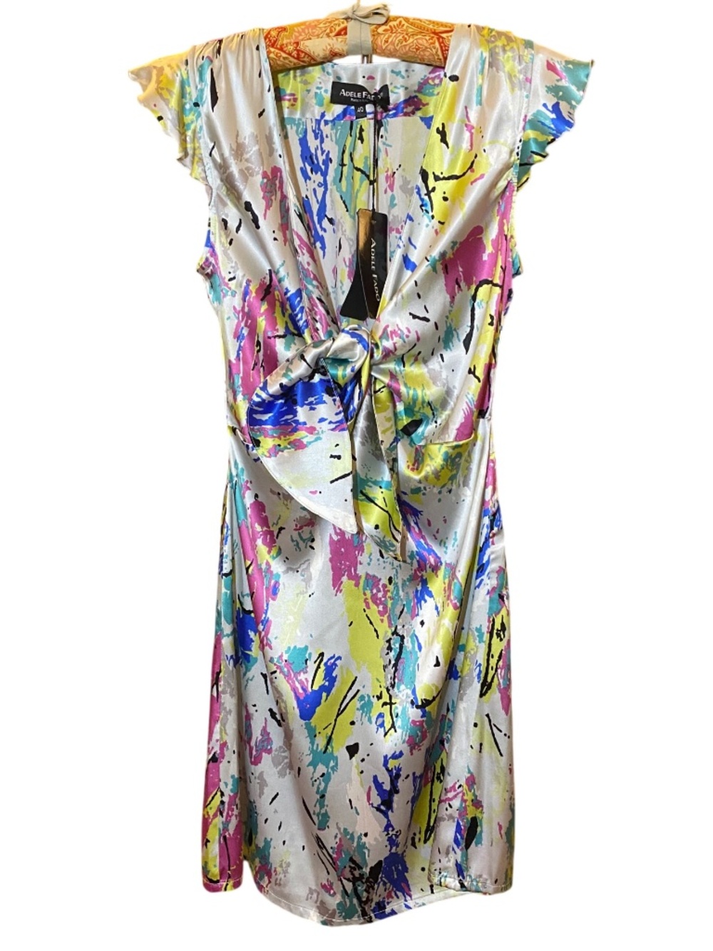 Adele Fado Italy 94% Silk Abstract Pop Art Tie Front Dress 40 NWT 4